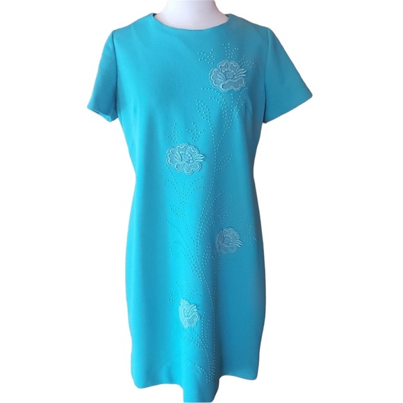 1960s Jule-Wyu Green Beaded &‎ Floral Applique Dres - Picture 1 of 6